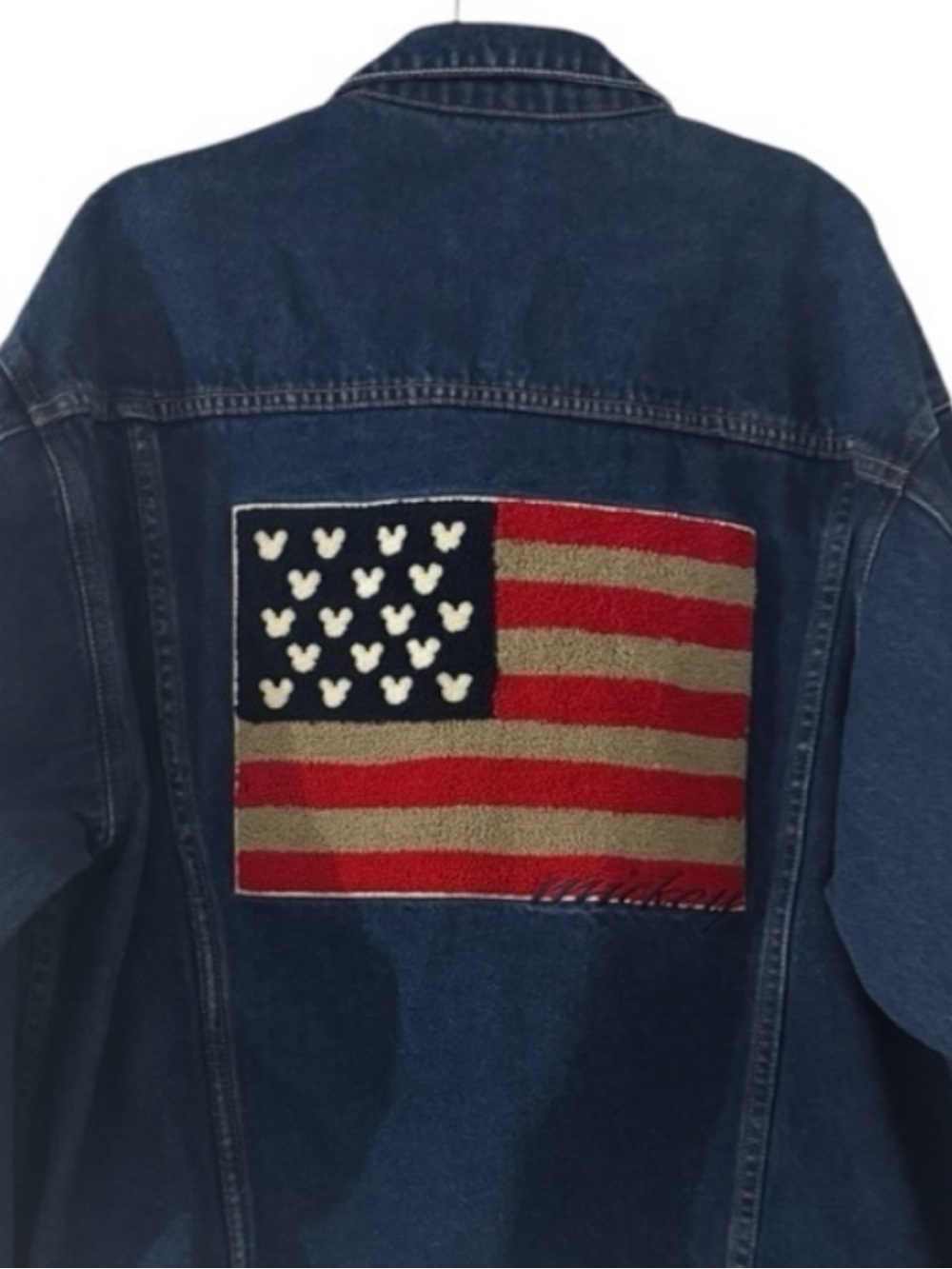 Vintage Mickey Inc Denim Jacket USA Flag Mickey Mouse Ears Patch Large Disney - Picture 2 of 7